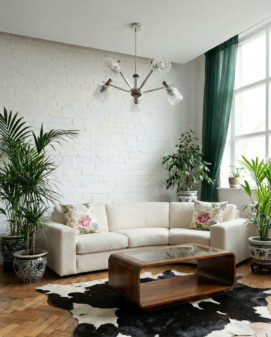 Suspension vintage 5 feux chrome, bois et verres texturés – années 70