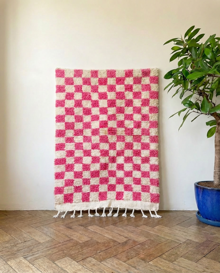 Tapis berbère 150x105cm - Damier rose