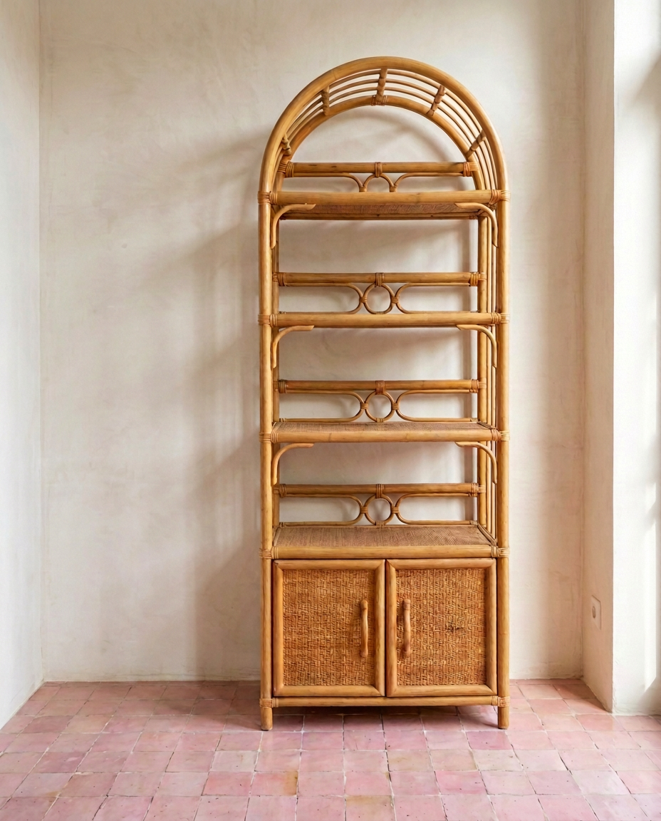 Grande étagère vintage en rotin – H. 183 cm