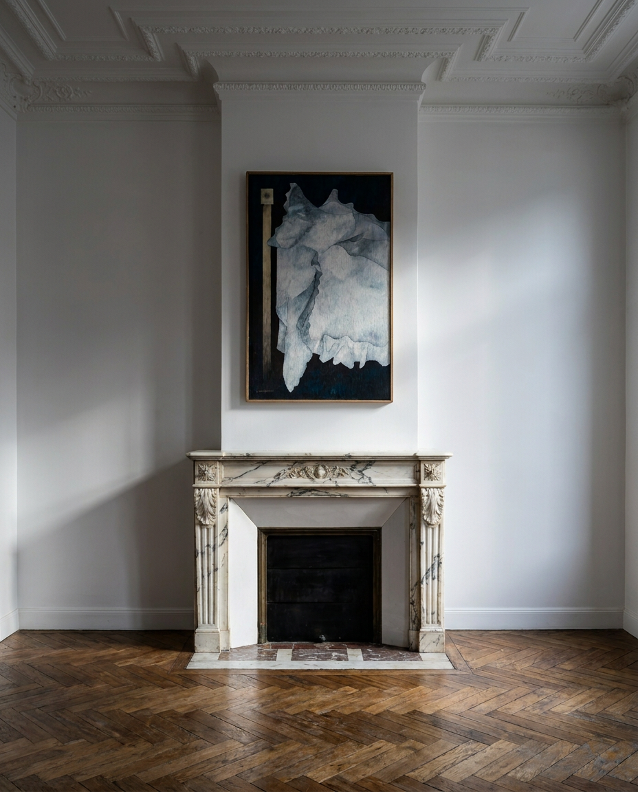 Peinture originale signée Luce Jaminon, formes organiques blanc, gris et bleu nuit