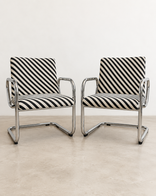 Vintage chrome tubular armchair, Thevenon graphic fabric