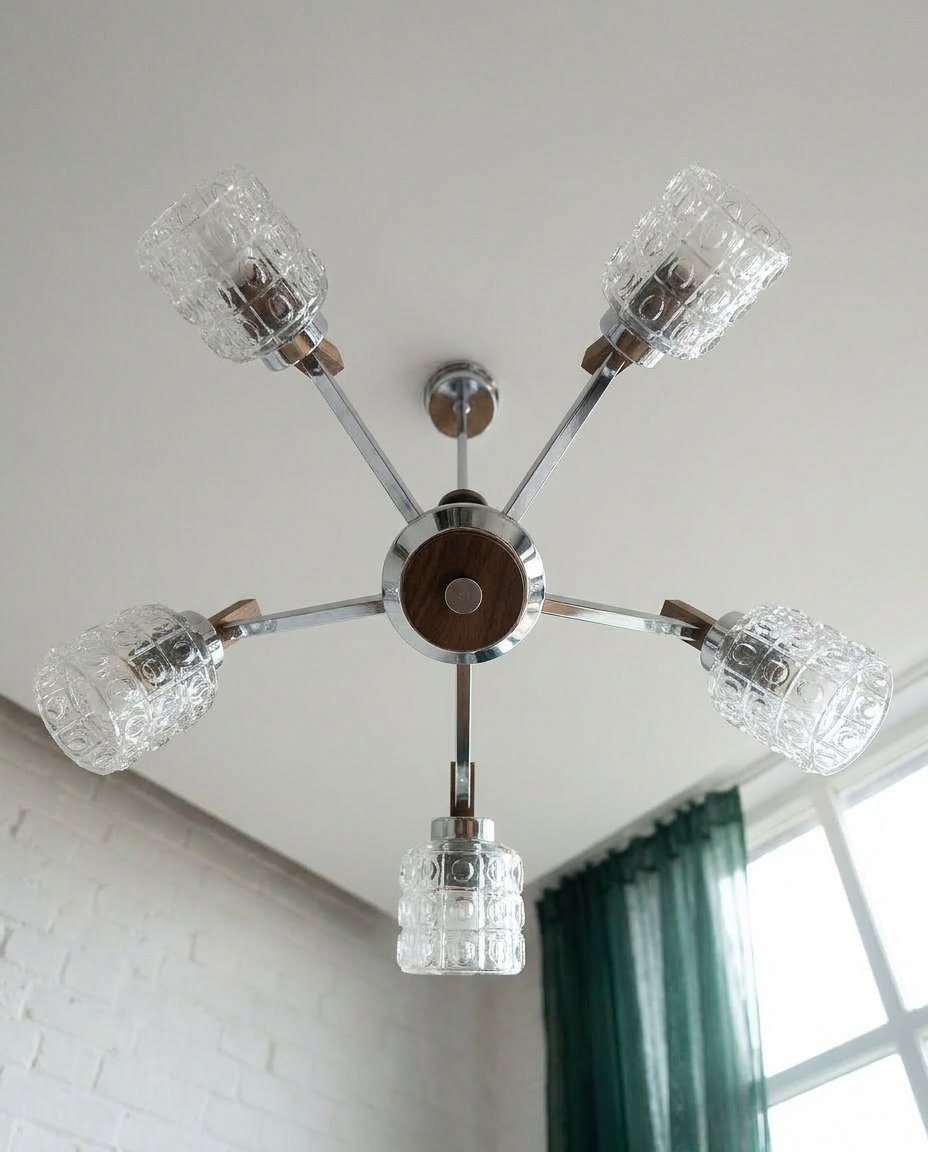 Suspension vintage 5 feux chrome, bois et verres texturés – années 70