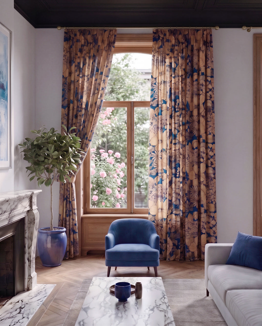 Rideaux Suzie fond bleu – Tissu Maison Thevenon