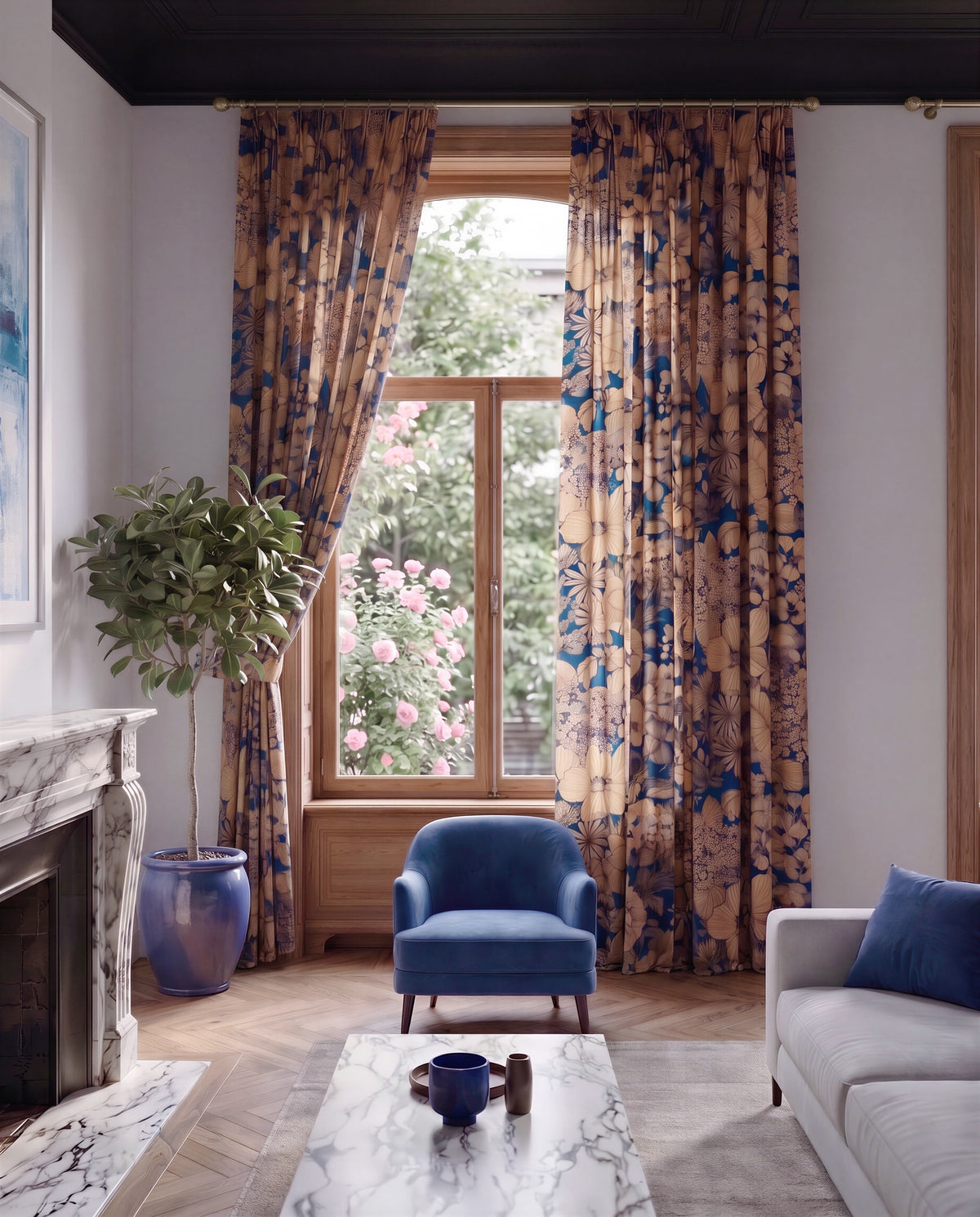 Rideaux Suzie fond bleu – Tissu Maison Thevenon