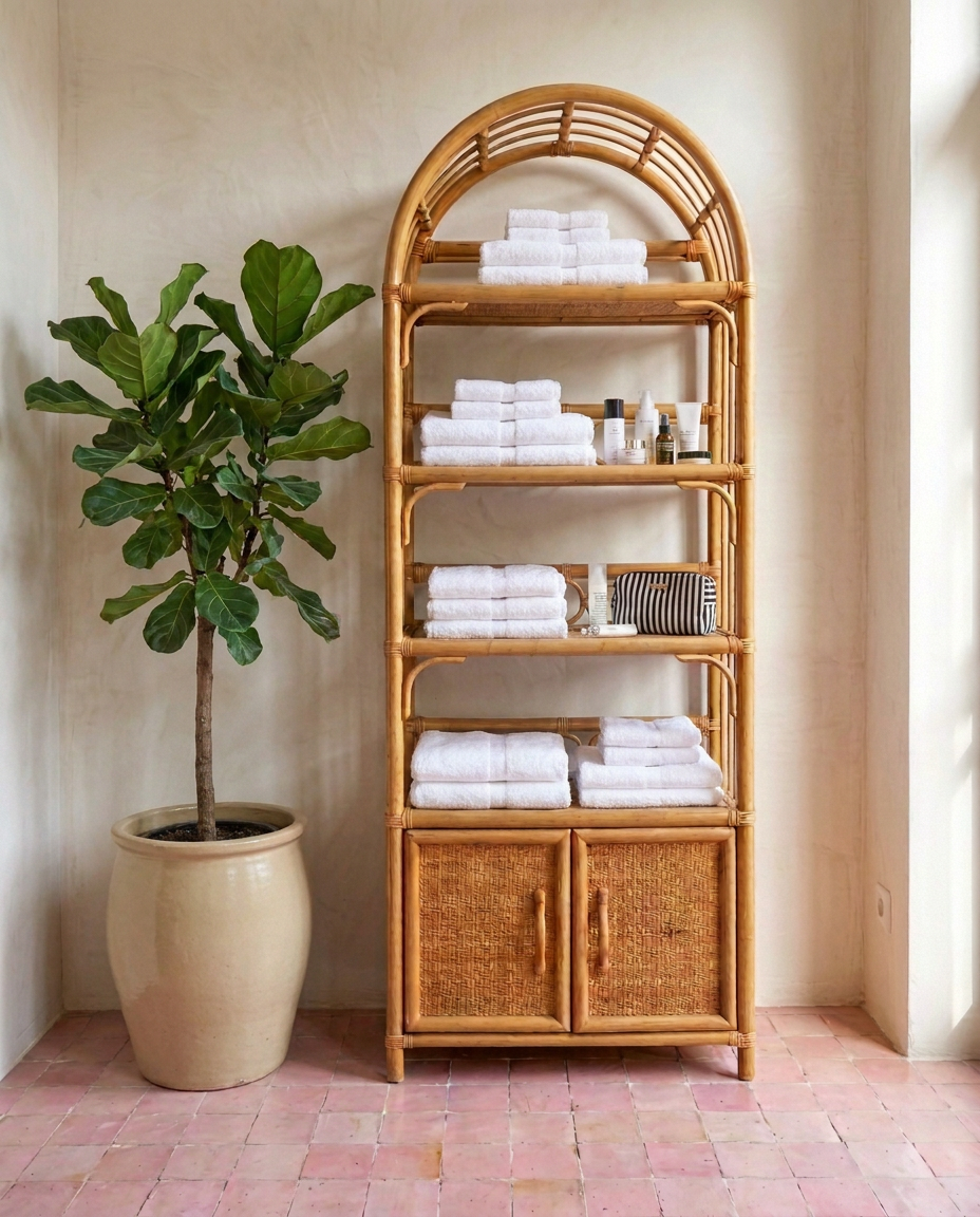 Grande étagère vintage en rotin – H. 183 cm
