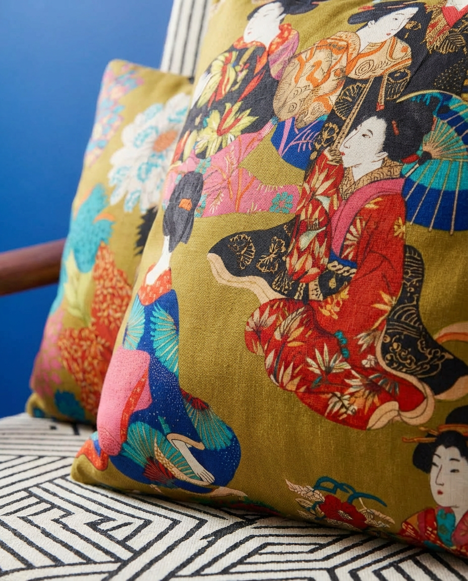 Handgemaakte kussens - Thevenon Kimono Geisha stof met gouden achtergrond