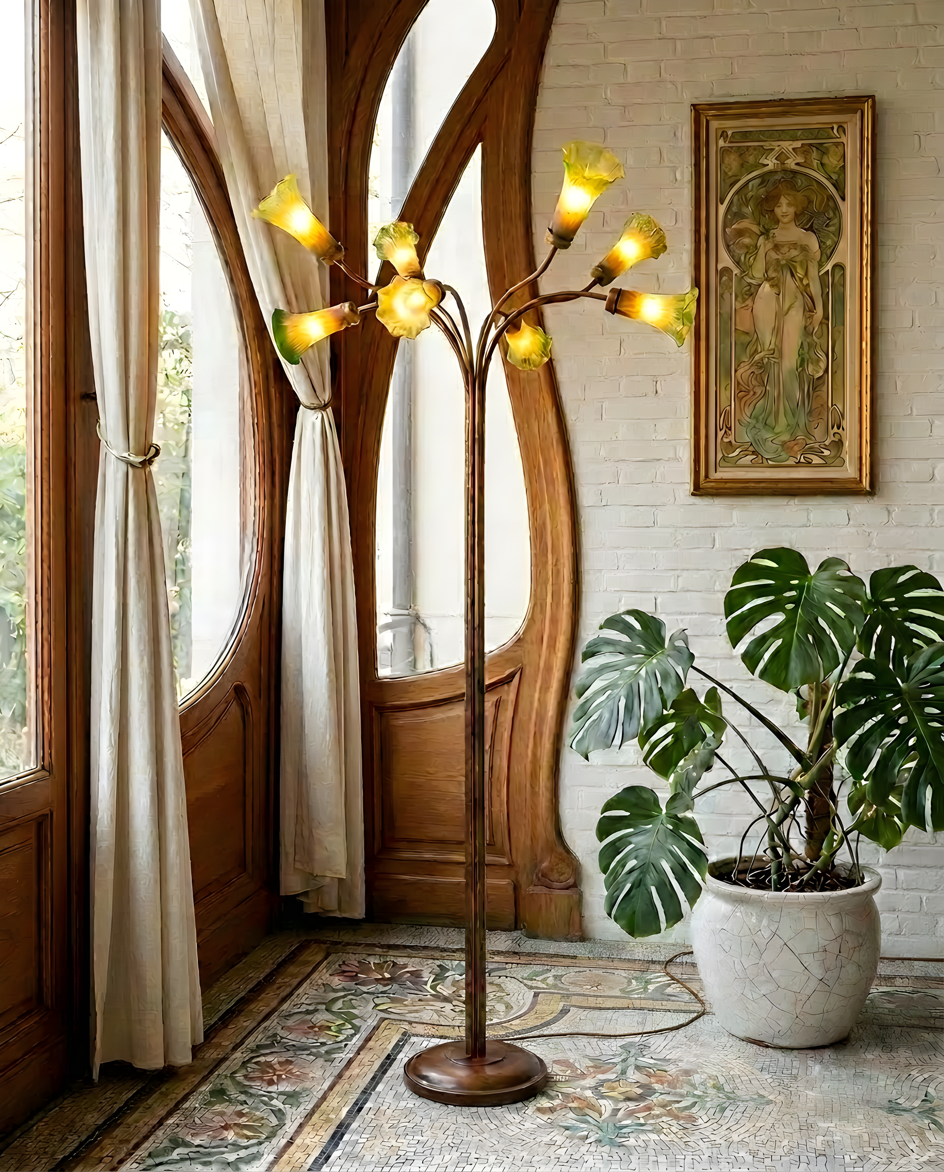 Grand lampadaire floral à 8 branches Art Nouveau - H.175cm