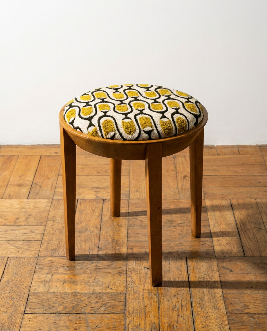 Tabouret rond restauré d’un tissu Casal Honu - ø41cm