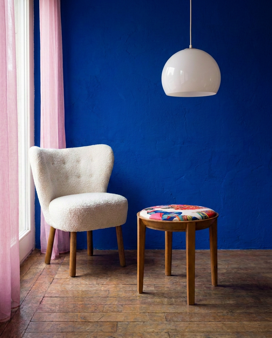 Tabouret rond restauré d’un tissu Thevenon Geisha - ø41cm