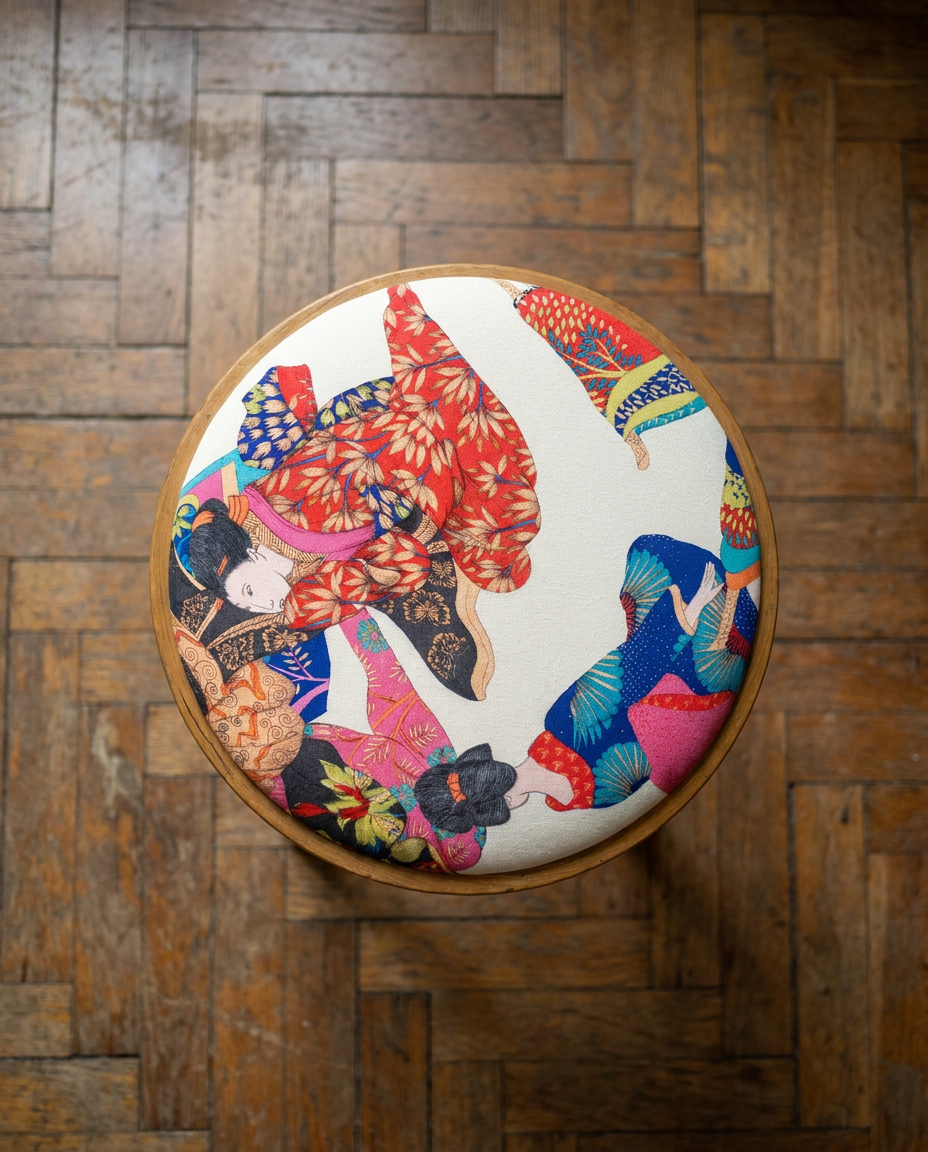 Tabouret rond restauré d’un tissu Thevenon Geisha - ø41cm