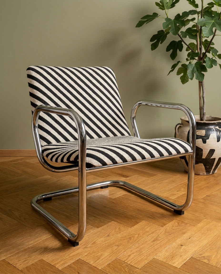 Fauteuil vintage tubulaire chromé, assise graphique Thevenon - 2 disponibles