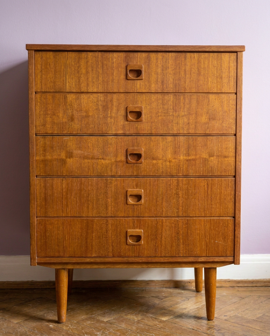 Commode haute vintage années 60, cinq tiroirs, vue d'ensemble
