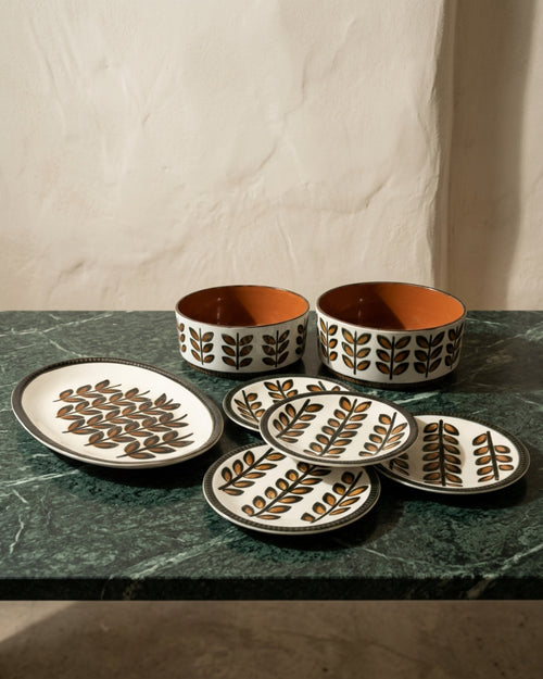 Lot de vaisselle vintage Boch collection Rambouillet, motif végétal brun caramel sur fond écru