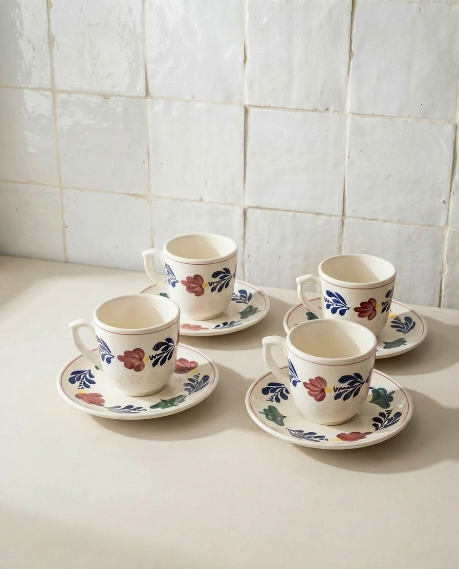 Lot de 4 tasses et sous tasses Vintage - Boch modèle Boerenbont