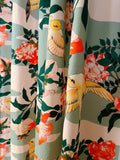 Rideaux Obi Maison Thevenon, pivoines et oiseaux jaunes sur fond vert d'eau, faits main, 270 x 140 cm
