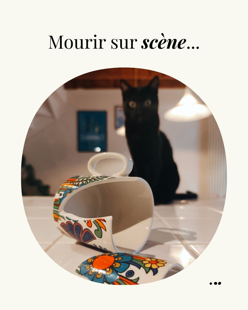 Une tasse Acapulco brisée sous le regard d’un chat noir : mourir sur scène…