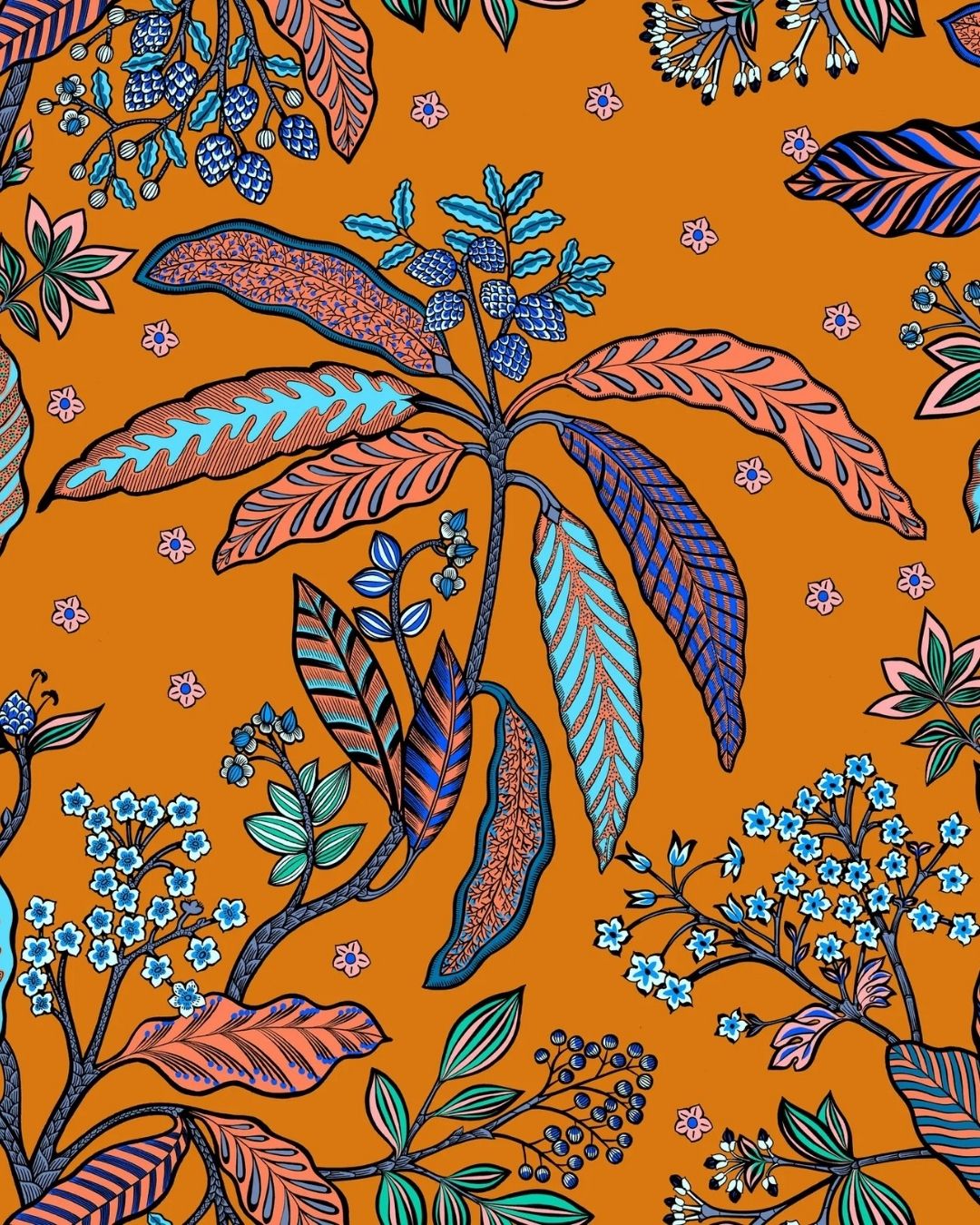 Papier peint Bibi Fond Mandarine, motif floraux, Maison Thevenon