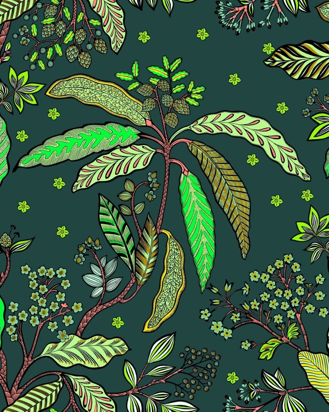 Papier peint Bibi Fond Vert, motif floraux, Maison Thevenon