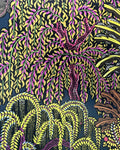 Papier peint Majorelle, arbre aux branches retombantes jaune vif sur fond bleu canard, Maison Thevenon
