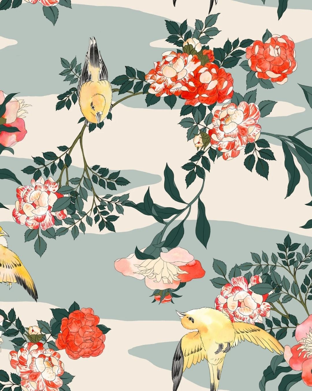 Papier peint Obi nude ciel, pivoines et oiseaux dans l'esprit des estampes japonaises, Maison Thevenon