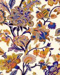 Papier peint Romy violet, motif d'indienne, fleurs bleu-violet et jaune moutarde sur fond crème, Maison Thevenon