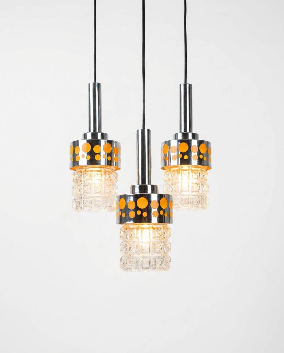 Suspension Space Age 3 feux en verre, opaline et métal chromé – années 70