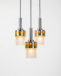 Suspension Space Age 3 feux en verre, opaline et métal chromé – années 70