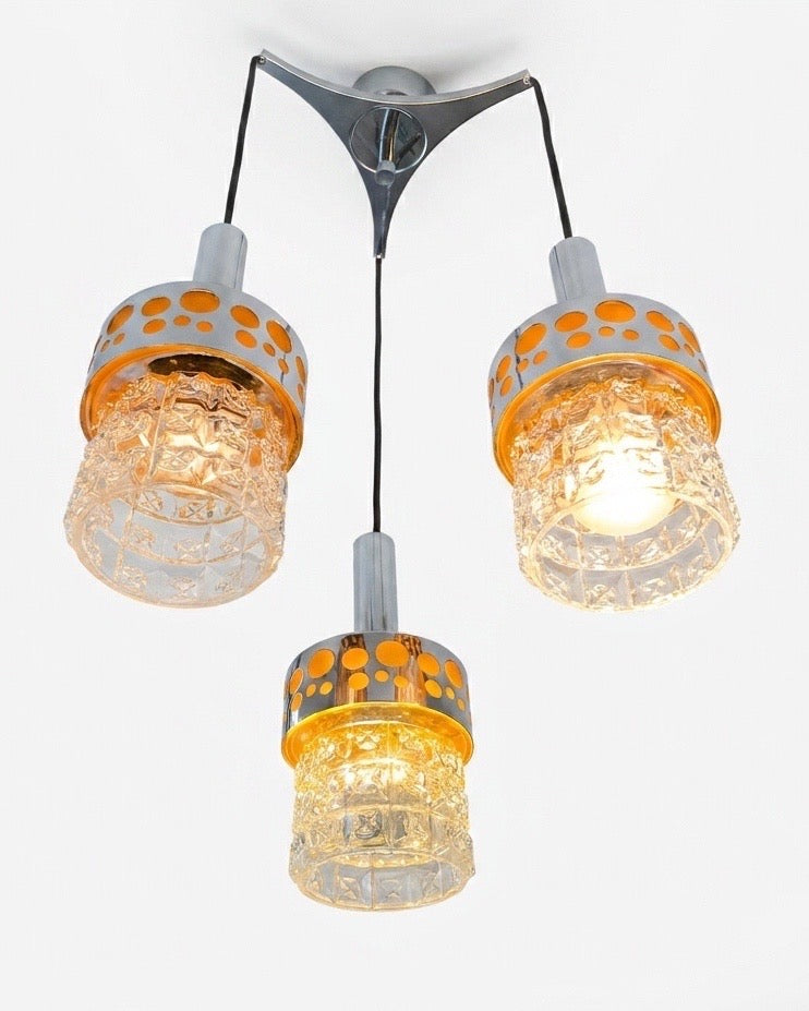 Suspension Space Age 3 feux en verre, opaline et métal chromé – années 70