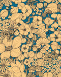 Papier peint Suzie cavaillon, fleurs rondes jaune melon sur fond bleu acier, Maison Thevenon