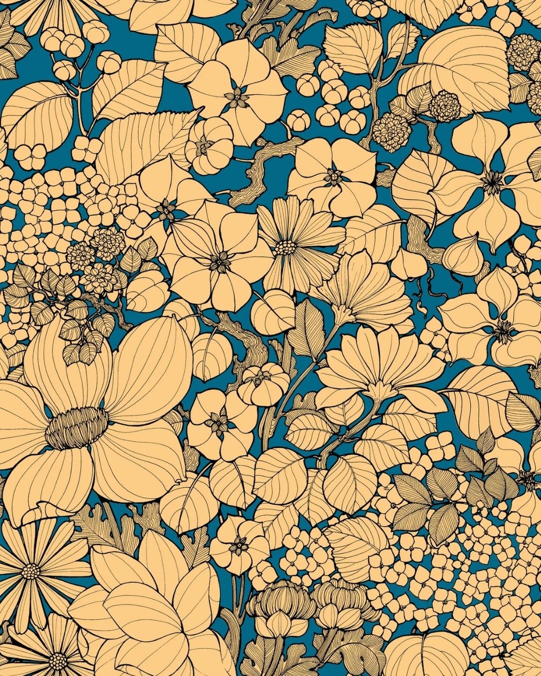 Papier peint Suzie cavaillon, fleurs rondes jaune melon sur fond bleu acier, Maison Thevenon