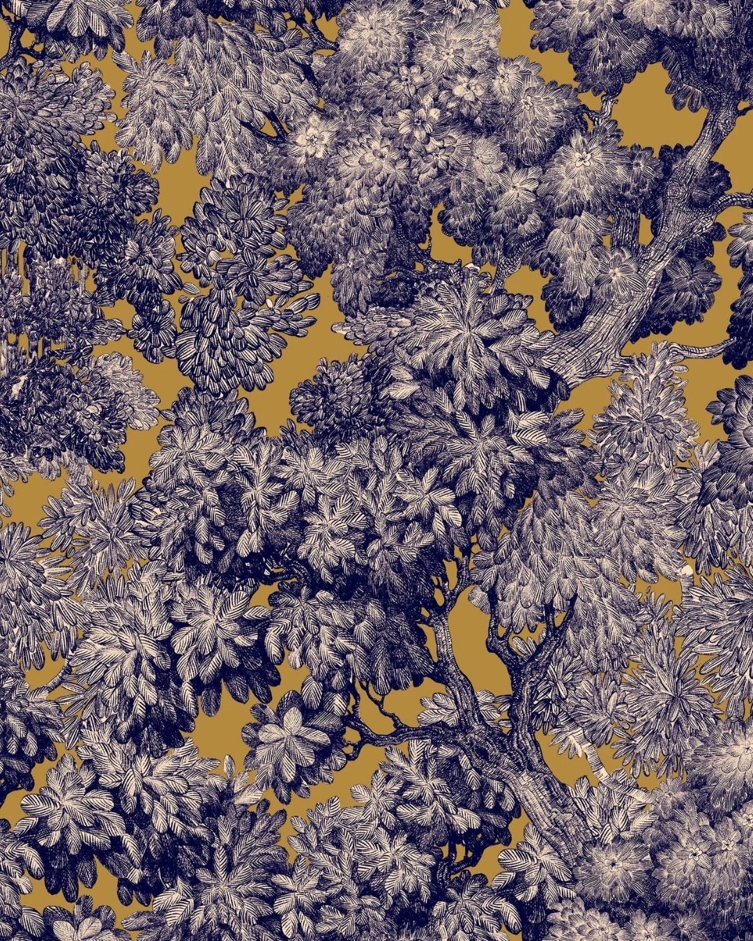 Papier peint Tree for Two, feuillages d'arbres bleu marine sur fond bronze, Maison Thevenon