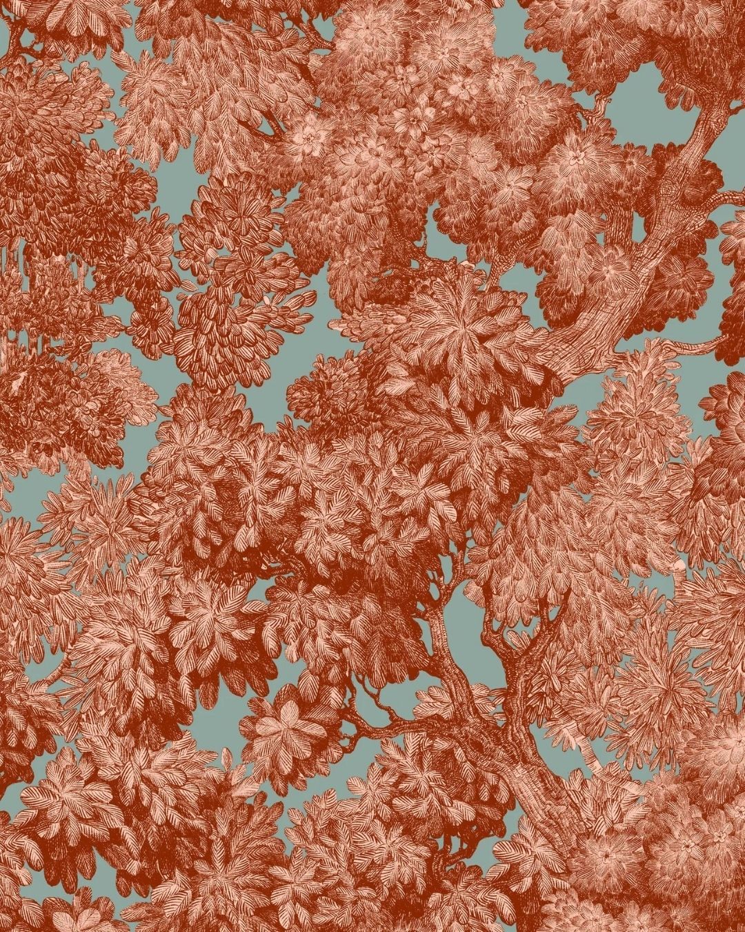 Papier peint Tree for Two, feuillages d'arbres terracotta sur fond bleu-vert d'eau, Maison Thevenon