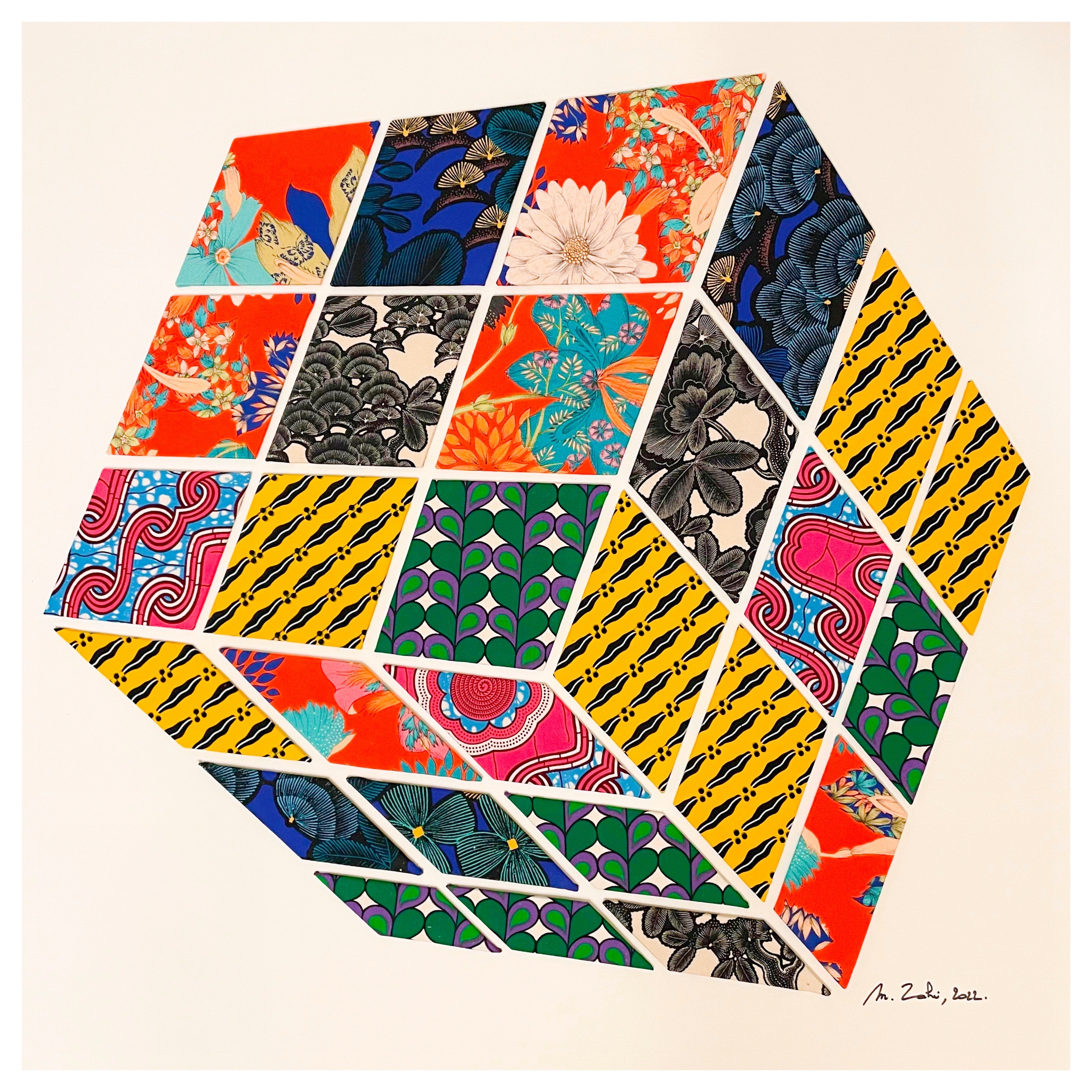 Tableau textile Rubik’s cube 90x90cm - Myriam Zahri. 2022.
